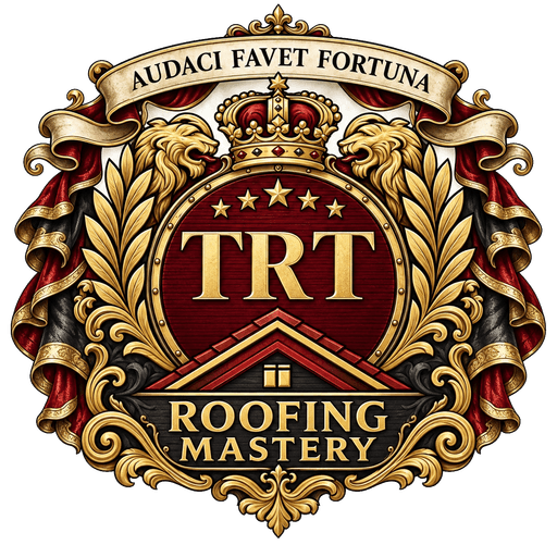 TRT Roofing Mastery crest with gold lions, a crown, and the motto Audaci Favet Fortuna